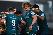 8 April 2022; Cian Prendergast of Connacht celebrates a turnover during the Heineken Champions Cup Round of 16 First Leg match between Connacht and Leinster at the Sportsground in Galway. Photo by Harry Murphy/Sportsfile