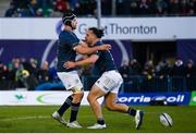 8 April 2022; James Lowe of Leinster celebrates with teammate Caelan Doris after scoring his side's first try during the Heineken Champions Cup Round of 16 First Leg match between Connacht and Leinster at the Sportsground in Galway. Photo by Harry Murphy/Sportsfile