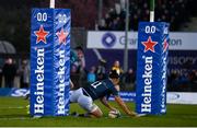 8 April 2022; James Lowe of Leinster scores his side's first try despite the tackle of Tiernan O'Halloran of Connacht during the Heineken Champions Cup Round of 16 First Leg match between Connacht and Leinster at the Sportsground in Galway. Photo by Harry Murphy/Sportsfile