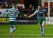 8 April 2022; Ronan Finn, right, and Jack Byrne of Shamrock Rovers during the SSE Airtricity League Premier Division match between Shelbourne and Shamrock Rovers at Tolka Park in Dublin. Photo by Seb Daly/Sportsfile