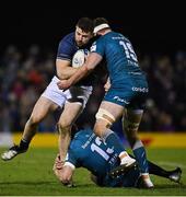 8 April 2022; Robbie Henshaw of Leinster is tackled by Tom Farrell and Oisin Dowling of Connacht during the Heineken Champions Cup Round of 16 first leg match between Connacht and Leinster at the Sportsground in Galway. Photo by Brendan Moran/Sportsfile