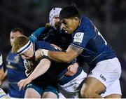 8 April 2022; James Tracy of Leinster supported by teammate Michael Ala'alatoa is tackled by Mack Hansen of Connacht during the Heineken Champions Cup Round of 16 First Leg match between Connacht and Leinster at the Sportsground in Galway. Photo by Harry Murphy/Sportsfile