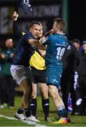 8 April 2022; James Lowe of Leinster tussles with Jack Carty of Connacht during the Heineken Champions Cup Round of 16 First Leg match between Connacht and Leinster at the Sportsground in Galway. Photo by Harry Murphy/Sportsfile