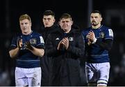 8 April 2022; Leinster players, from left, James Tracy, Dan Sheehan Tadhg Furlong and Max Deegan after the Heineken Champions Cup Round of 16 First Leg match between Connacht and Leinster at the Sportsground in Galway. Photo by Harry Murphy/Sportsfile