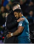 8 April 2022; Bundee Aki of Connacht, right, and Robbie Henshaw of Leinster embrace after the Heineken Champions Cup Round of 16 first leg match between Connacht and Leinster at the Sportsground in Galway. Photo by Brendan Moran/Sportsfile