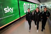 9 April 2022; Republic of Ireland players, from left, Abbie Larkin, Izzy Atkinson and Jessica Ziu at Dublin Airport before travelling to Sweden ahead of their FIFA Women's World Cup 2023 Qualifier match against Sweden on Tuesday. Photo by Stephen McCarthy/Sportsfile
