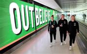9 April 2022; Republic of Ireland players, from left, Claire O'Riordan, Courtney Brosnan and Amber Barrett at Dublin Airport before travelling to Sweden ahead of their FIFA Women's World Cup 2023 Qualifier match against Sweden on Tuesday. Photo by Stephen McCarthy/Sportsfile