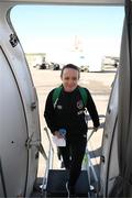 9 April 2022; Áine O'Gorman of Republic of Ireland boards the plane at Dublin Airport before travelling to Sweden ahead of their FIFA Women's World Cup 2023 Qualifier match against Sweden on Tuesday. Photo by Stephen McCarthy/Sportsfile