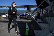 9 April 2022; StatSports technician Niamh McDaid boards the plane at Dublin Airport before travelling to Sweden ahead of their FIFA Women's World Cup 2023 Qualifier match against Sweden on Tuesday. Photo by Stephen McCarthy/Sportsfile