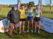 9 April 2022; Athletics Ireland president John Cronin with, from from left, third place Rory O'Connor of North Cork AC, first place Michael Clohisey of Raheny Shamrock AC, Dublin, and second place, Jamie Fallon of Craughwell AC, Galway, after the Great Ireland Run incorporating the National 10k Championships at Phoenix Park in Dublin. Photo by Eóin Noonan/Sportsfile