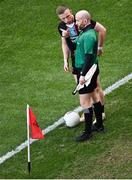 3 April 2022; Linesman Brendan Cawley in conversation with Ryan O'Donoghue of Mayo during the Allianz Football League Division 1 Final match between Kerry and Mayo at Croke Park in Dublin. Photo by Piaras Ó Mídheach/Sportsfile