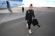 9 April 2022; Republic of Ireland's Claire O'Riordan arrives at Göteborg Landvetter Airport in Sweden ahead of their FIFA Women's World Cup 2023 Qualifier match against Sweden on Tuesday. Photo by Stephen McCarthy/Sportsfile
