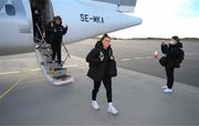 9 April 2022; Republic of Ireland's Lucy Quinn arrives at Göteborg Landvetter Airport in Sweden ahead of their FIFA Women's World Cup 2023 Qualifier match against Sweden on Tuesday. Photo by Stephen McCarthy/Sportsfile