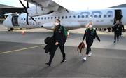 9 April 2022; Republic of Ireland's Megan Walsh, left, and Denise O'Sullivan arrive at Göteborg Landvetter Airport in Sweden ahead of their FIFA Women's World Cup 2023 Qualifier match against Sweden on Tuesday. Photo by Stephen McCarthy/Sportsfile
