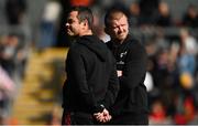 9 April 2022; Munster head coach Johann van Graan, left, and forwards coach Graham Rowntree before the Heineken Champions Cup Round of 16 first leg match between Exeter Chiefs and Munster at Sandy Park in Exeter, England. Photo by Harry Murphy/Sportsfile