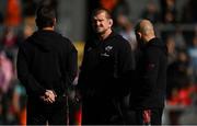 9 April 2022; Munster forwards coach Graham Rowntree, centre, with head coach Johann van Graan, left, and JP Ferreira before the Heineken Champions Cup Round of 16 first leg match between Exeter Chiefs and Munster at Sandy Park in Exeter, England. Photo by Harry Murphy/Sportsfile