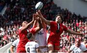 9 April 2022; Iain Henderson of Ulster contests a high ball against Antoine Dupont and Peato Mauvaka of Toulouse during the Heineken Champions Cup Round of 16 first leg match between Toulouse and Ulster at Stade Ernest Wallon in Toulouse, France. Photo by Manuel Blondeau/Sportsfile