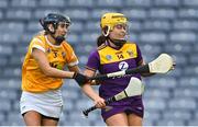 9 April 2022; Aoife Guiney of Wexford in action against Niamh Donnelly of Antrim during the Littlewoods Ireland Camogie League Division 2 Final match between Antrim and Wexford at Croke Park in Dublin. Photo by Piaras Ó Mídheach/Sportsfile
