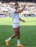 9 April 2022; Robert Baloucoune of Ulster celebrates after the Heineken Champions Cup Round of 16 first leg match between Toulouse and Ulster at Stade Ernest Wallon in Toulouse, France. Photo by Manuel Blondeau/Sportsfile