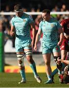 9 April 2022; Sam Skinner, left, and Sam Simmonds of Exeter Chiefs celebrate a turnover during the Heineken Champions Cup Round of 16 first leg match between Exeter Chiefs and Munster at Sandy Park in Exeter, England. Photo by Harry Murphy/Sportsfile