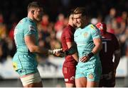9 April 2022; Stuart Hogg of Exeter Chiefs, right, celebrates with teammate Dave Ewers after scoring their first try during the Heineken Champions Cup Round of 16 first leg match between Exeter Chiefs and Munster at Sandy Park in Exeter, England. Photo by Harry Murphy/Sportsfile