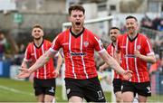 9 April 2022; Cameron McJannet of Derry City celebrates after scoring his side's first goal during the SSE Airtricity League Premier Division match between Finn Harps and Derry City at Finn Park in Ballybofey, Donegal. Photo by Oliver McVeigh/Sportsfile