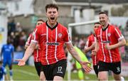 9 April 2022; Cameron McJannet of Derry City celebrates after scoring his side's first goal during the SSE Airtricity League Premier Division match between Finn Harps and Derry City at Finn Park in Ballybofey, Donegal. Photo by Oliver McVeigh/Sportsfile