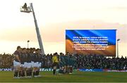 8 April 2022; The teams stand for a moments silence in support of the people of Ukraine before the Heineken Champions Cup Round of 16 first leg match between Connacht and Leinster at the Sportsground in Galway. Photo by Brendan Moran/Sportsfile