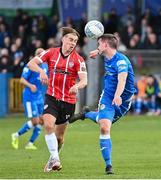 9 April 2022; Matty Smith of Derry City in action against Conor Tourish of Finn Harps during the SSE Airtricity League Premier Division match between Finn Harps and Derry City at Finn Park in Ballybofey, Donegal. Photo by Oliver McVeigh/Sportsfile