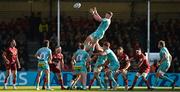 9 April 2022; Sam Skinner of Exeter Chiefs wins a lineout during the Heineken Champions Cup Round of 16 first leg match between Exeter Chiefs and Munster at Sandy Park in Exeter, England. Photo by Harry Murphy/Sportsfile