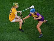 9 April 2022; Maeve Sinnott of Wexford in action against Áine Magill of Antrim during the Littlewoods Ireland Camogie League Division 2 Final match between Antrim and Wexford at Croke Park in Dublin. Photo by Piaras Ó Mídheach/Sportsfile