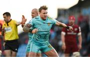 9 April 2022; Stuart Hogg of Exeter Chiefs celebrates after his side won a penalty close to their own try line during the Heineken Champions Cup Round of 16 first leg match between Exeter Chiefs and Munster at Sandy Park in Exeter, England. Photo by Harry Murphy/Sportsfile