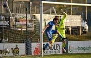 9 April 2022; Barry McNamee of Finn Harps and Finn Harps goalkeeper Mark McGinley fail to stop Derry City's second goal, scored by Will Patching, not pictured, during the SSE Airtricity League Premier Division match between Finn Harps and Derry City at Finn Park in Ballybofey, Donegal. Photo by Oliver McVeigh/Sportsfile