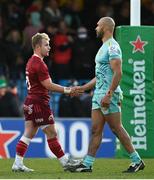 9 April 2022; Craig Casey of Munster, left, and Olly Woodburn of Exeter Chiefs after the Heineken Champions Cup Round of 16 first leg match between Exeter Chiefs and Munster at Sandy Park in Exeter, England. Photo by Harry Murphy/Sportsfile