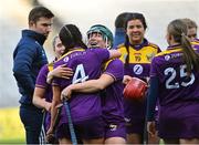 9 April 2022; Wexford players Joanne Dillon, behind, and Maeve Sinnott, 4, celebrate after their side's victory in  the Littlewoods Ireland Camogie League Division 2 Final match between Antrim and Wexford at Croke Park in Dublin. Photo by Piaras Ó Mídheach/Sportsfile