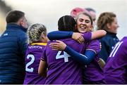 9 April 2022; Wexford players Róisín Cooney, behind, and Maeve Sinnott, 4, celebrate after their side's victory in  the Littlewoods Ireland Camogie League Division 2 Final match between Antrim and Wexford at Croke Park in Dublin. Photo by Piaras Ó Mídheach/Sportsfile