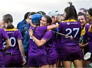 9 April 2022; Wexford players Amy Cardiff, behind, and Maeve Sinnott, 4, celebrate after their side's victory in  the Littlewoods Ireland Camogie League Division 2 Final match between Antrim and Wexford at Croke Park in Dublin. Photo by Piaras Ó Mídheach/Sportsfile