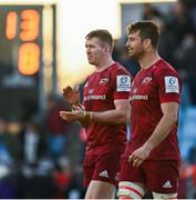 9 April 2022; Munster players Chris Farrell, left, and Jean Kleyn after the Heineken Champions Cup Round of 16 first leg match between Exeter Chiefs and Munster at Sandy Park in Exeter, England. Photo by Harry Murphy/Sportsfile