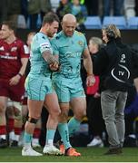 9 April 2022; Stuart Hogg, left, and Jack Yeandle of Exeter Chiefs after the Heineken Champions Cup Round of 16 first leg match between Exeter Chiefs and Munster at Sandy Park in Exeter, England. Photo by Harry Murphy/Sportsfile