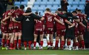 9 April 2022; The Munster team huddle after the Heineken Champions Cup Round of 16 first leg match between Exeter Chiefs and Munster at Sandy Park in Exeter, England. Photo by Harry Murphy/Sportsfile