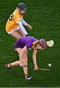 9 April 2022; Michelle Martin of Wexford in action against Caitrin Dobbin of Antrim during the Littlewoods Ireland Camogie League Division 2 Final match between Antrim and Wexford at Croke Park in Dublin. Photo by Piaras Ó Mídheach/Sportsfile