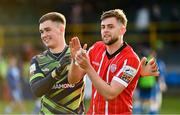 9 April 2022; Derry City goalkeeper Brian Maher and Will Patching celebrate after the SSE Airtricity League Premier Division match between Finn Harps and Derry City at Finn Park in Ballybofey, Donegal. Photo by Oliver McVeigh/Sportsfile