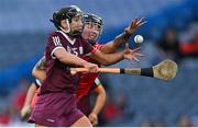 9 April 2022; Niamh Kilkenny of Galway is tackled by Ashling Thompson of Cork during the Littlewoods Ireland Camogie League Division 1 Final match between Cork and Galway at Croke Park in Dublin. Photo by Piaras Ó Mídheach/Sportsfile