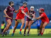 9 April 2022; Cork players Ashling Thompson, left, and Meabh Murphy in action against Galway players Niamh Kilkenny, left, and Ailish O'Reilly during the Littlewoods Ireland Camogie League Division 1 Final match between Cork and Galway at Croke Park in Dublin. Photo by Piaras Ó Mídheach/Sportsfile