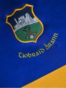 9 April 2022; Detail view of the crest on the Tipperary jersey during a Tipperary hurling squad portrait session at Carton House in Maynooth, Kildare. Photo by Brendan Moran/Sportsfile