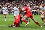9 April 2022; Duane Vermeulen of Ulster is tackled by Rory Arnold and Zack Holmes of Toulouse during the Heineken Champions Cup Round of 16 first leg match between Toulouse and Ulster at Stade Ernest Wallon in Toulouse, France. Photo by Manuel Blondeau/Sportsfile