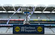 10 April 2022; The Division 2 trophy on the plinth before the Lidl Ladies Football National League Division 2 Final between Armagh and Kerry at Croke Park in Dublin. Photo by Brendan Moran/Sportsfile