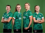 8 April 2022; Players, from left, Abbie Larkin, Izzy Atkinson, Kyra Carusa and Jessica Ziu during a Republic of Ireland Women squad portrait session at Castleknock Hotel in Dublin. Photo by Stephen McCarthy/Sportsfile