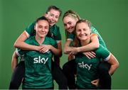 8 April 2022; Players, from left, Jessica Ziu, Abbie Larkin, Izzy Atkinson and Kyra Carusa during a Republic of Ireland Women squad portrait session at Castleknock Hotel in Dublin. Photo by Stephen McCarthy/Sportsfile
