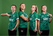 8 April 2022; Players, from left, Abbie Larkin, Kyra Carusa, Izzy Atkinson and Jessica Ziu during a Republic of Ireland Women squad portrait session at Castleknock Hotel in Dublin. Photo by Stephen McCarthy/Sportsfile
